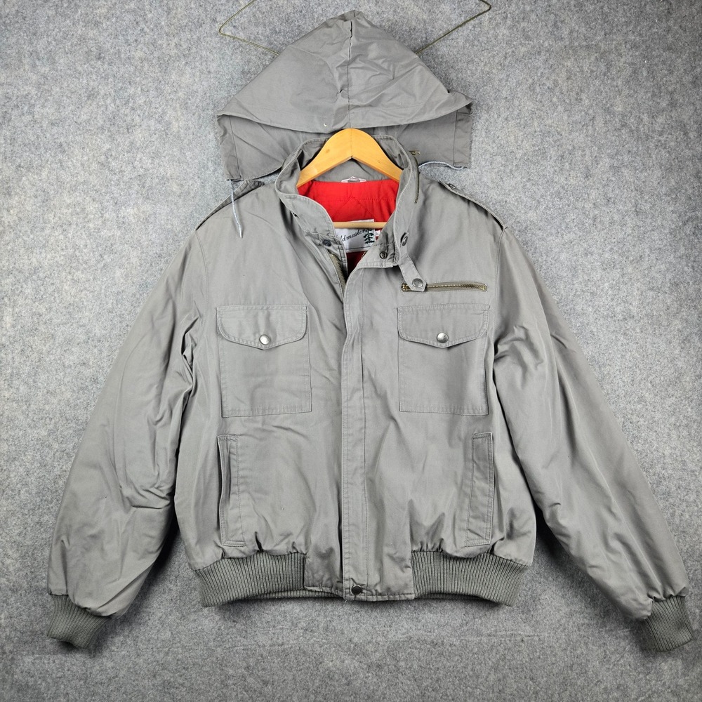 Vintage Fieldmaster Bomber Jacket Mens L Gray Quilt Lined Hood Utility Workwear